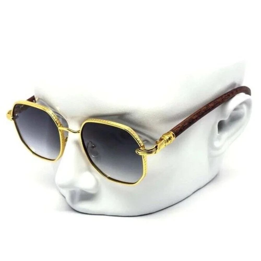 Men Sunglasses Fashion Designer Gold‎ Frame Woody Arms Octagon Black Lens Lentes